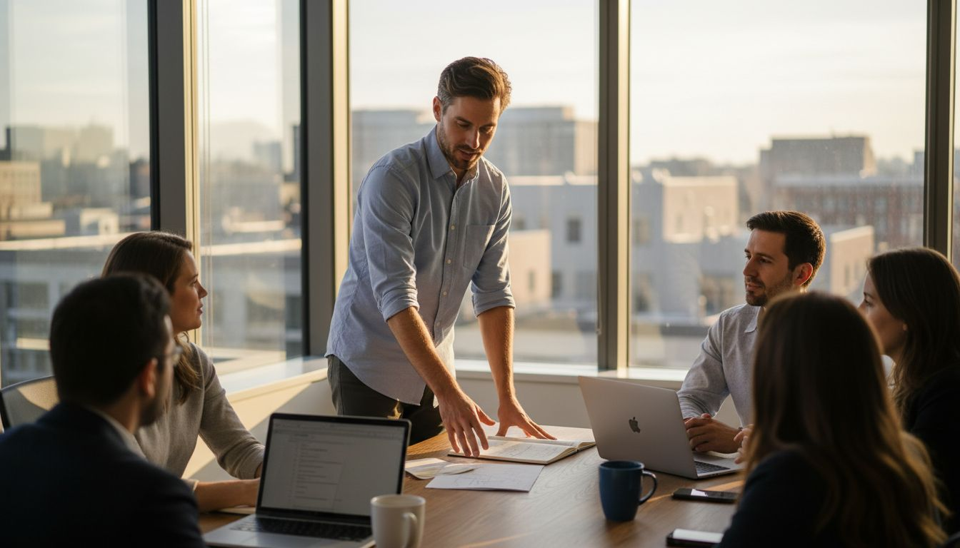 Founder leading morning meeting in corner office