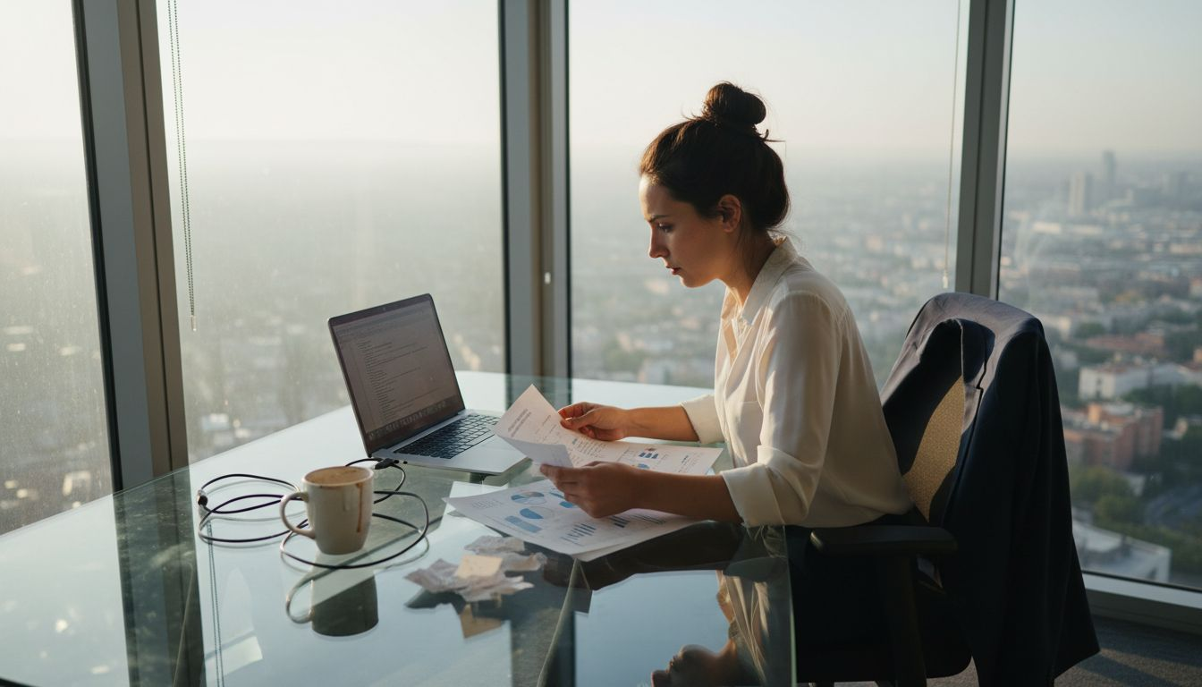 Startup leader reviewing finances in city office