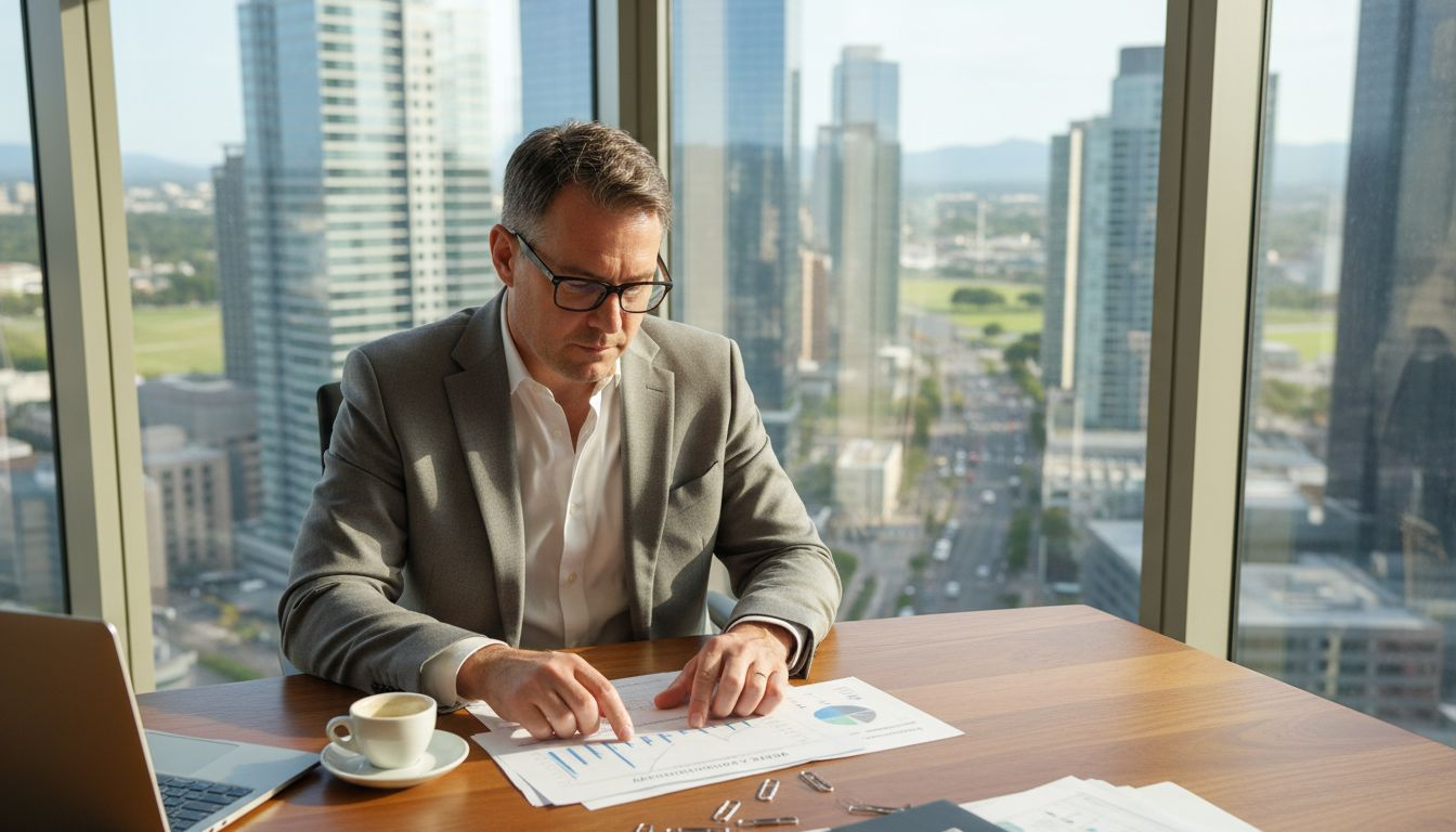 CFO reviewing financial dashboard at office window