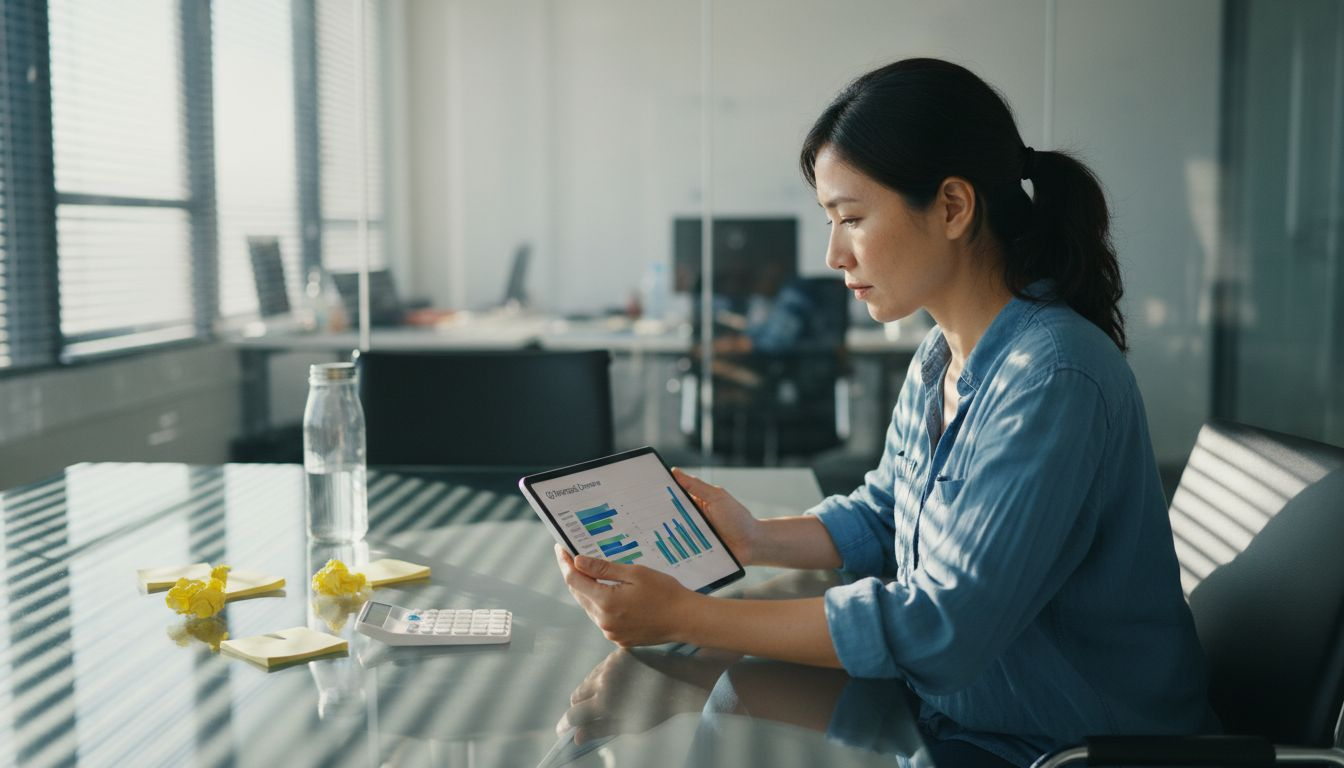 Founder reviewing financial report tablet