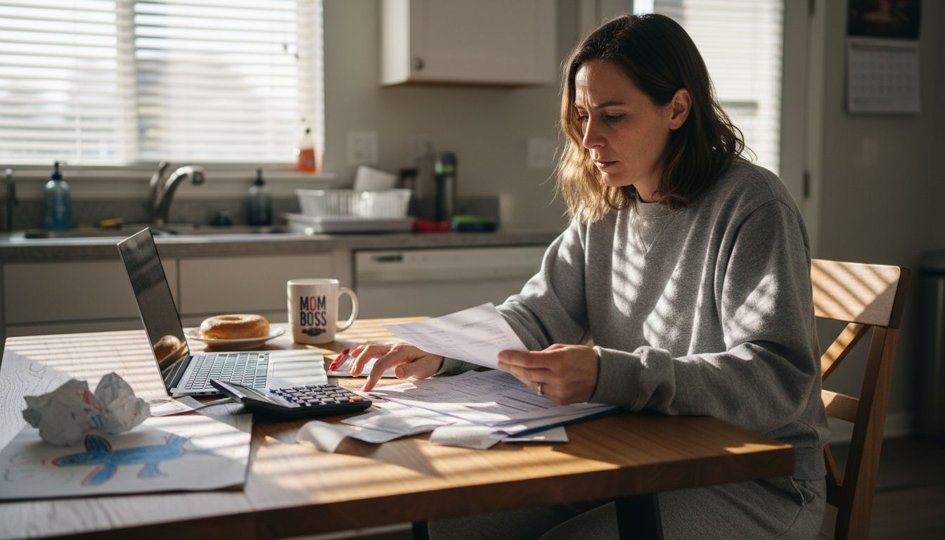 Woman reviews finances at cluttered kitchen table