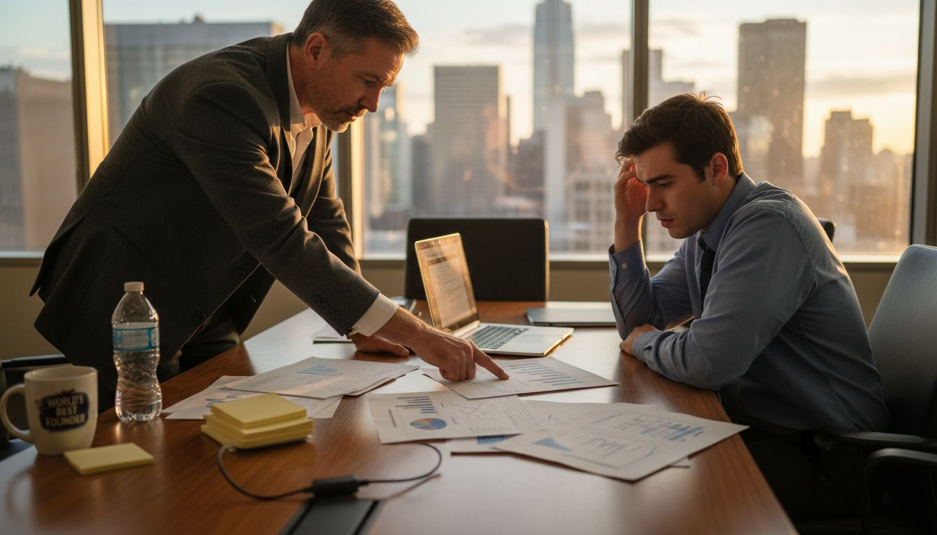 Coach and founder review financial reports in boardroom