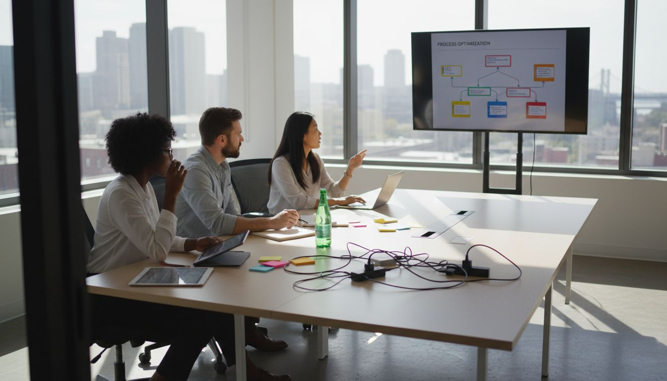 Team using operational systems in sunny office