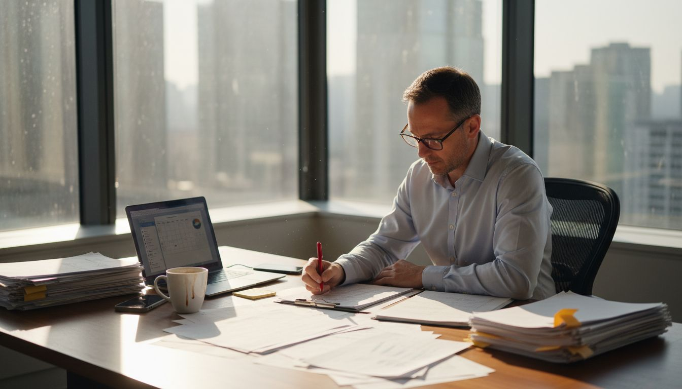 Business owner reviewing checklist in office