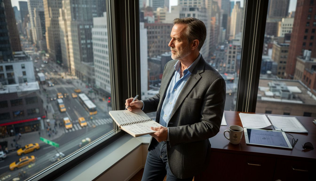 Consultant looking over city from busy office