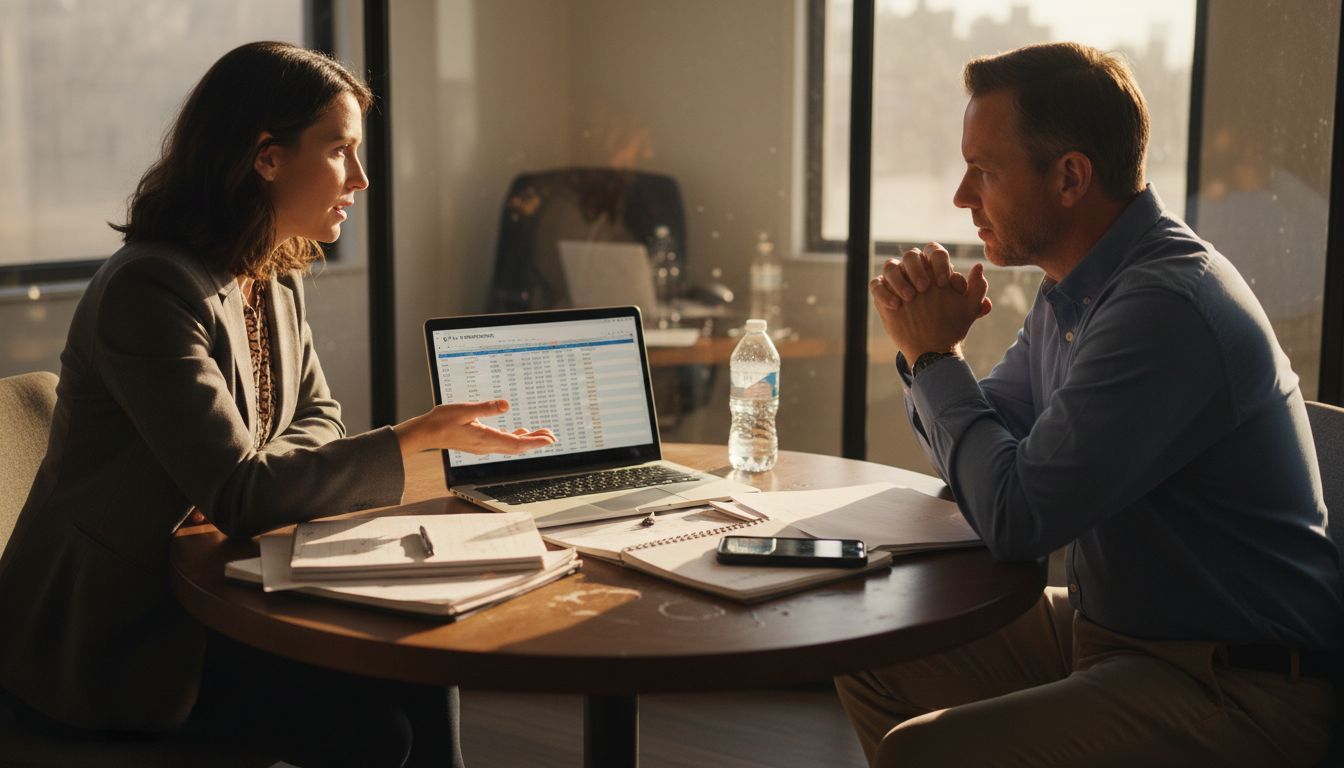 Consultant meeting with client in small office