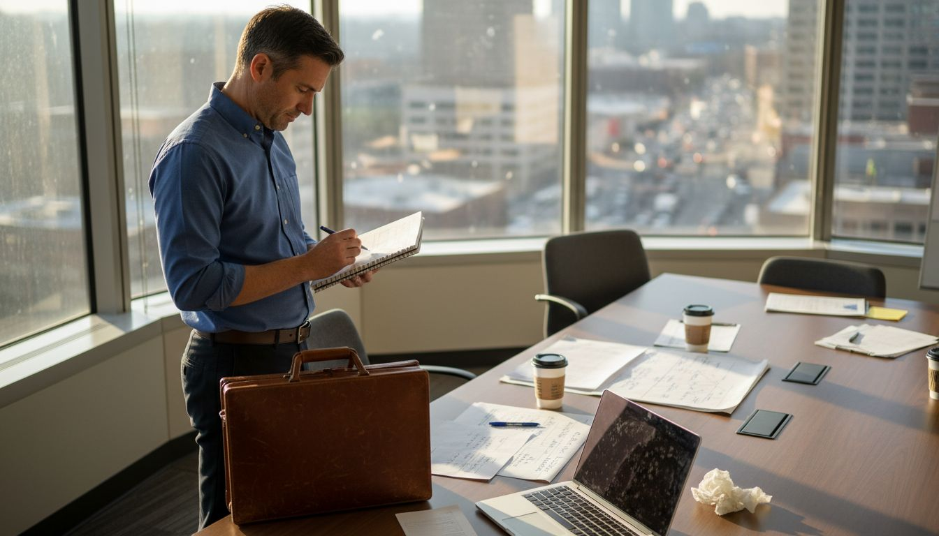 Consultant reviewing notes in busy corner office