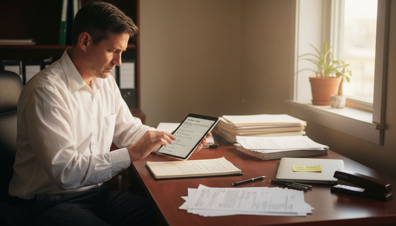 Consultant reviewing workflow on tablet