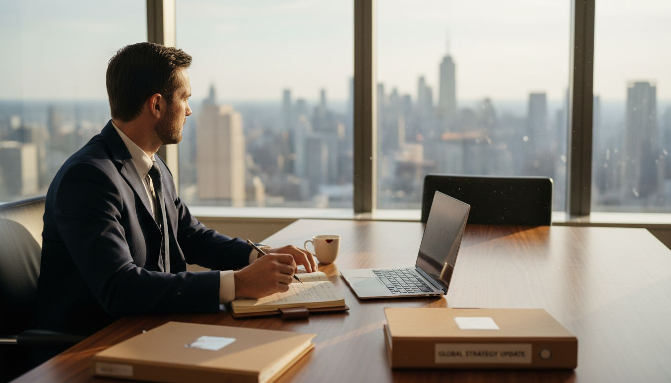 Consultant reflecting in sunlit corner office