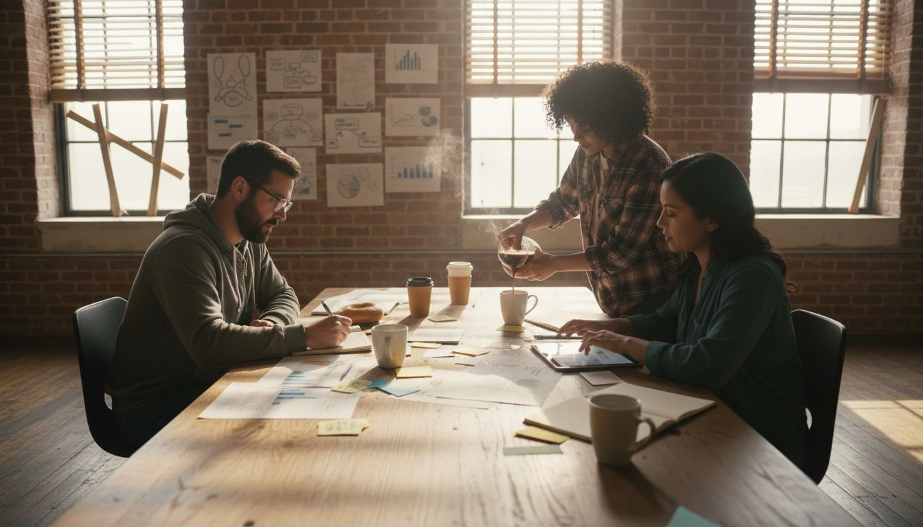 Team sharing ideas in informal workspace