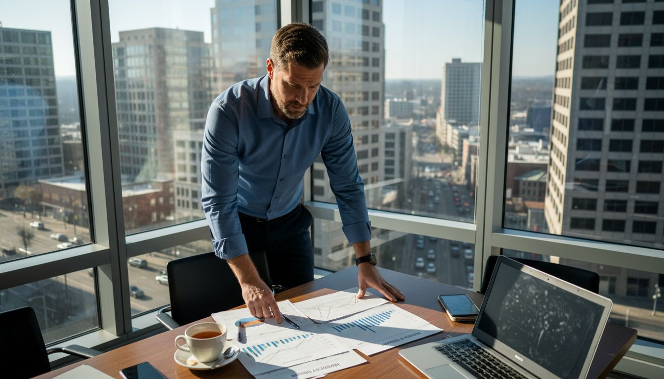 Business owner reviews finances in sunlit corner office