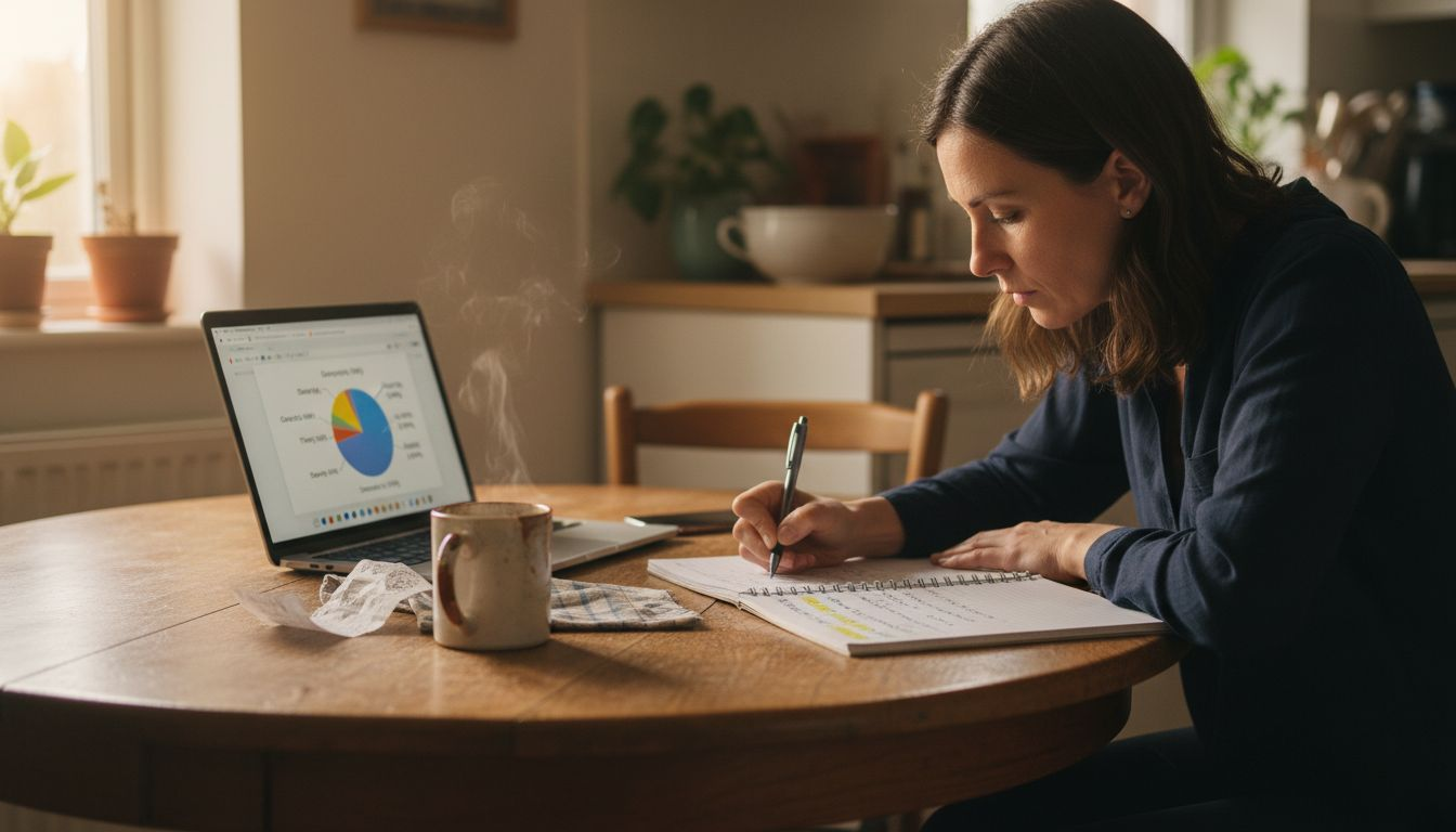 Woman journaling about financial mindset at table