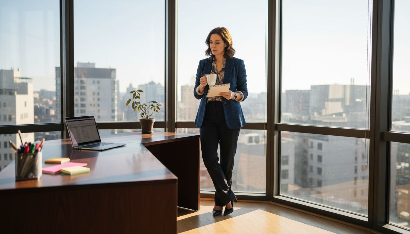 Coach reviewing notepad in corner office workspace