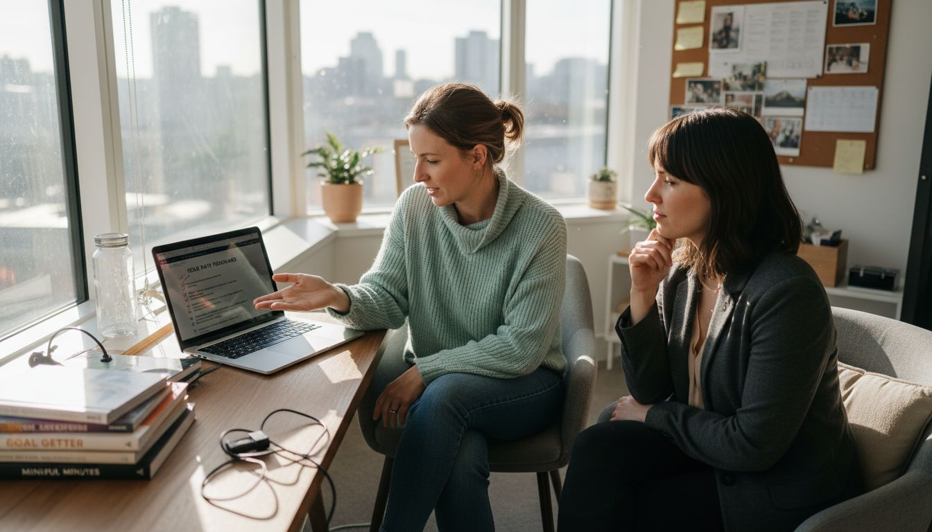 Life coach consulting in sunlit corner office