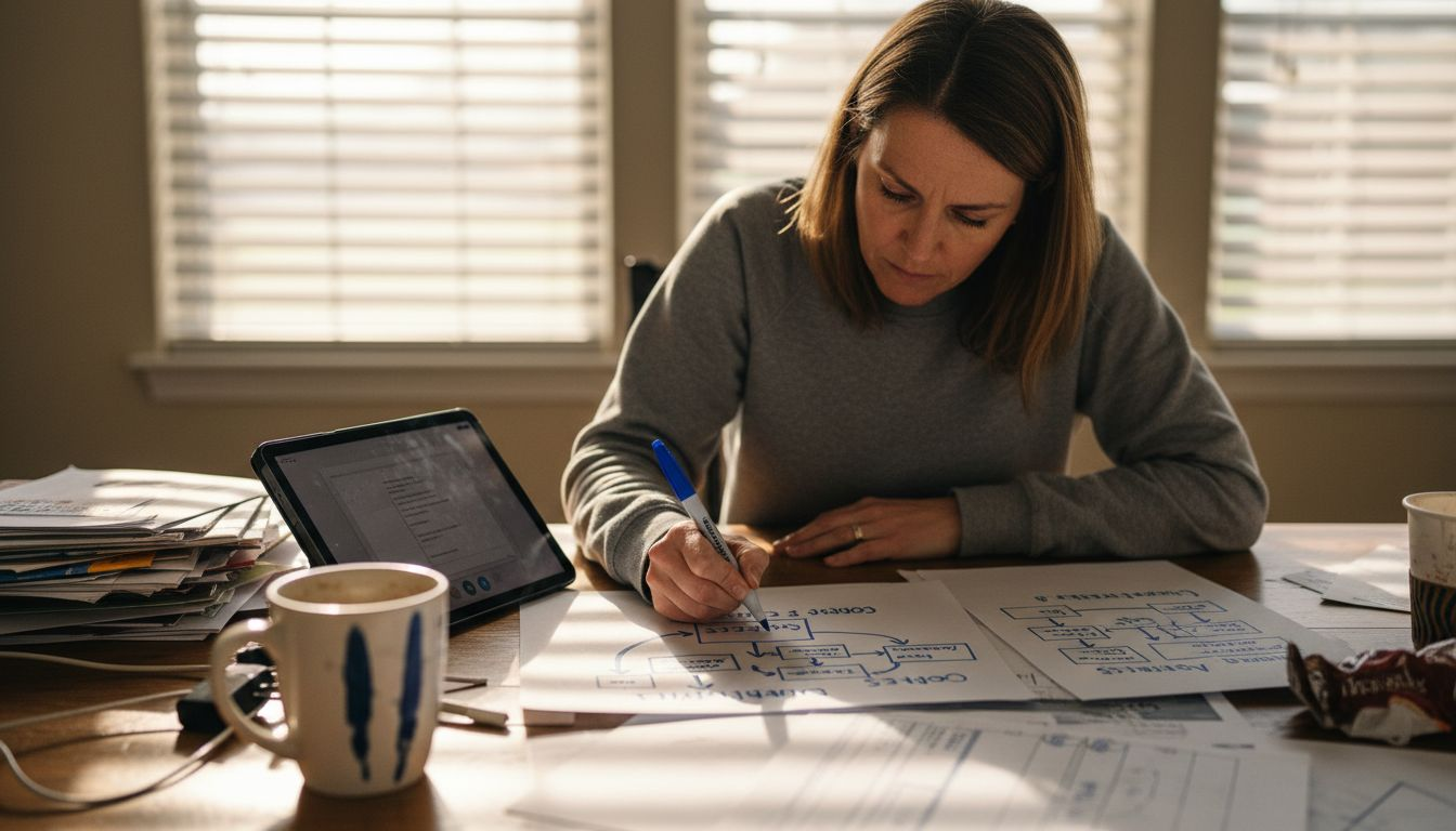Business owner mapping workflow on kitchen table