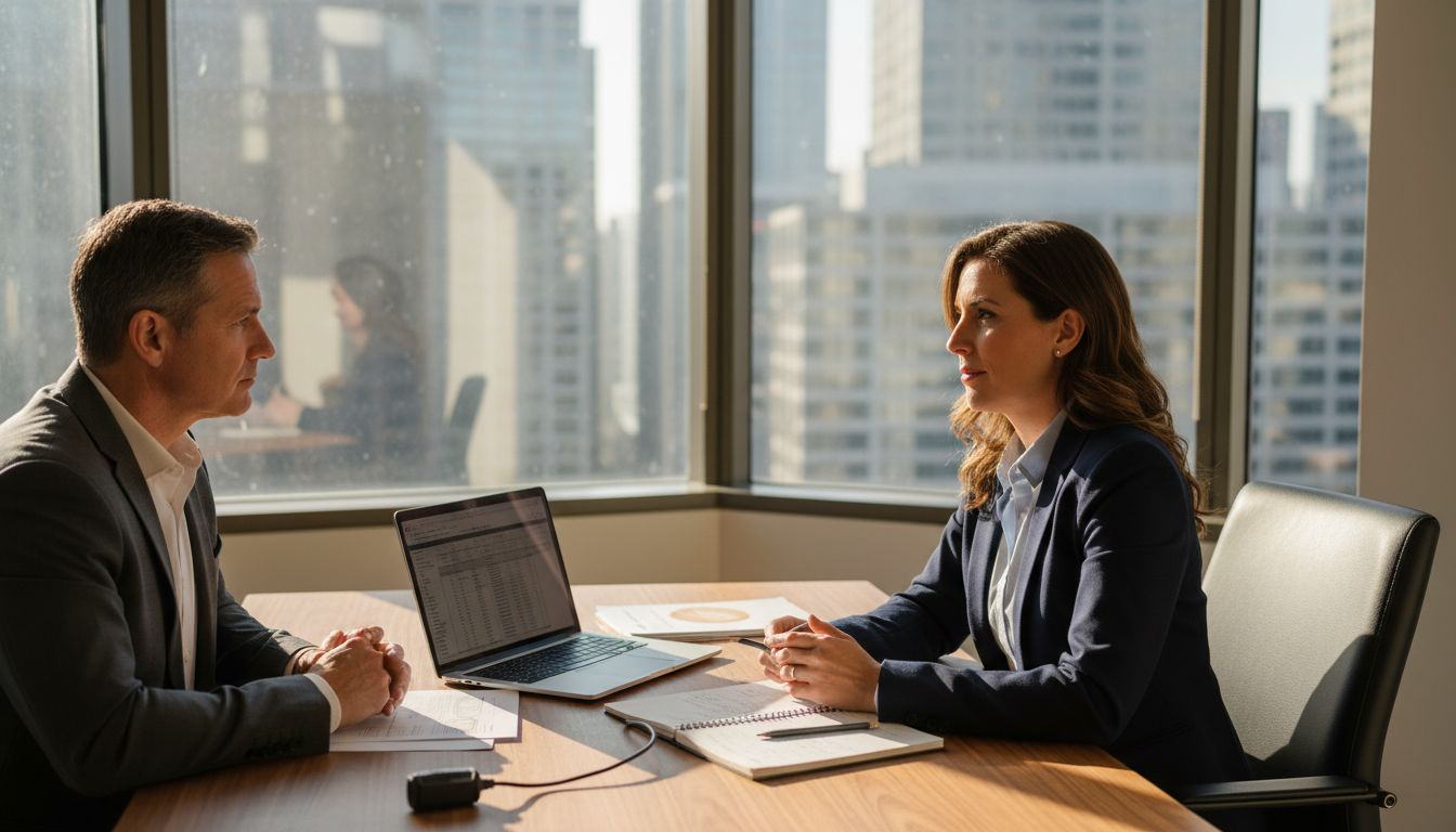 Business coach consulting client in office