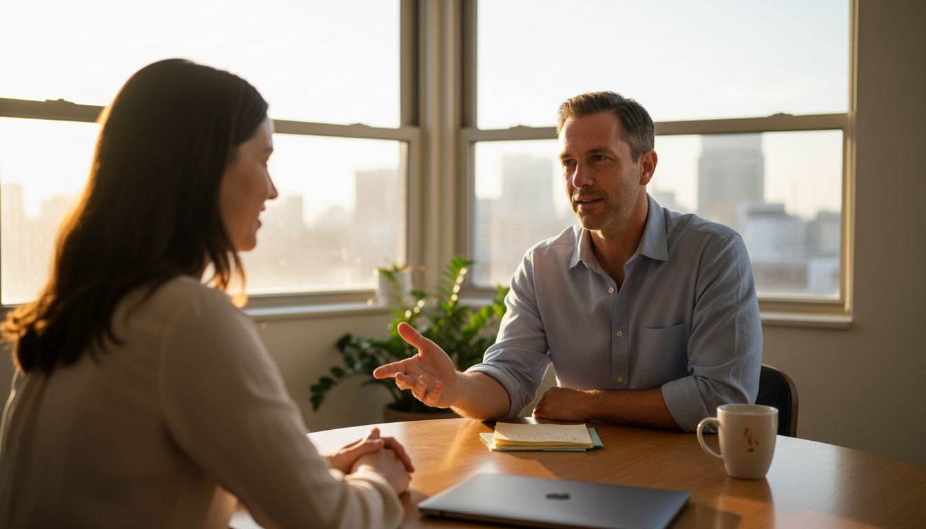 Entrepreneur meeting client in bright corner office