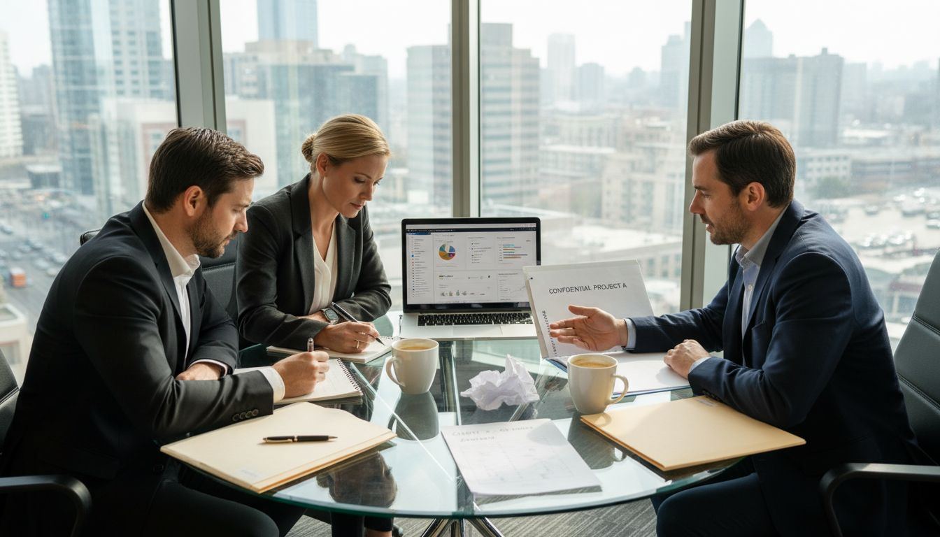 Consultants collaborating in sunlit office with CRM