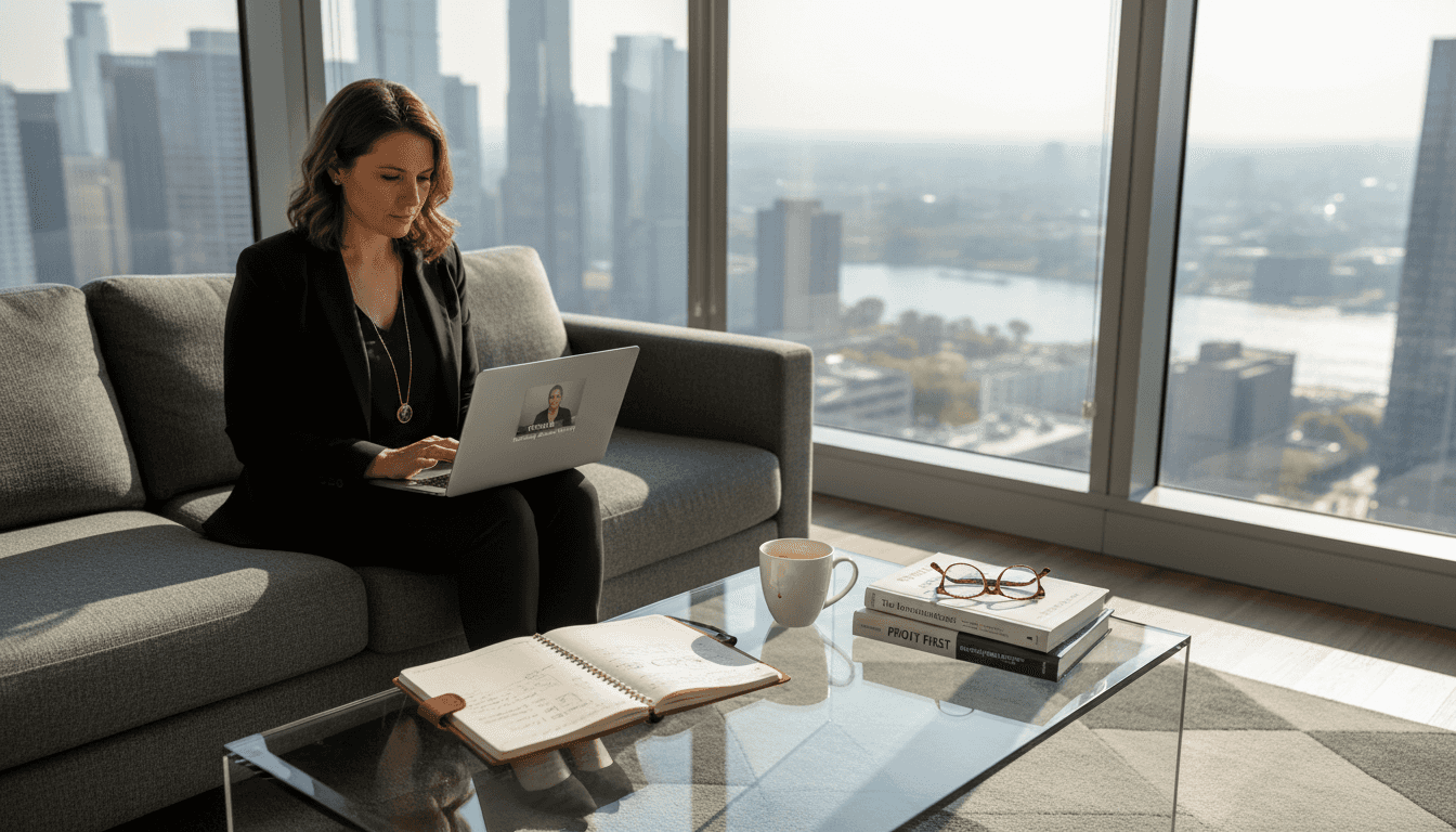 Business coach streaming TED Talk in bright office