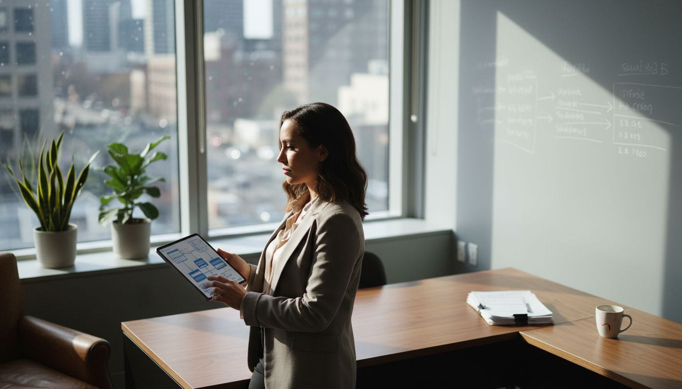 Business owner reviews systems in city office