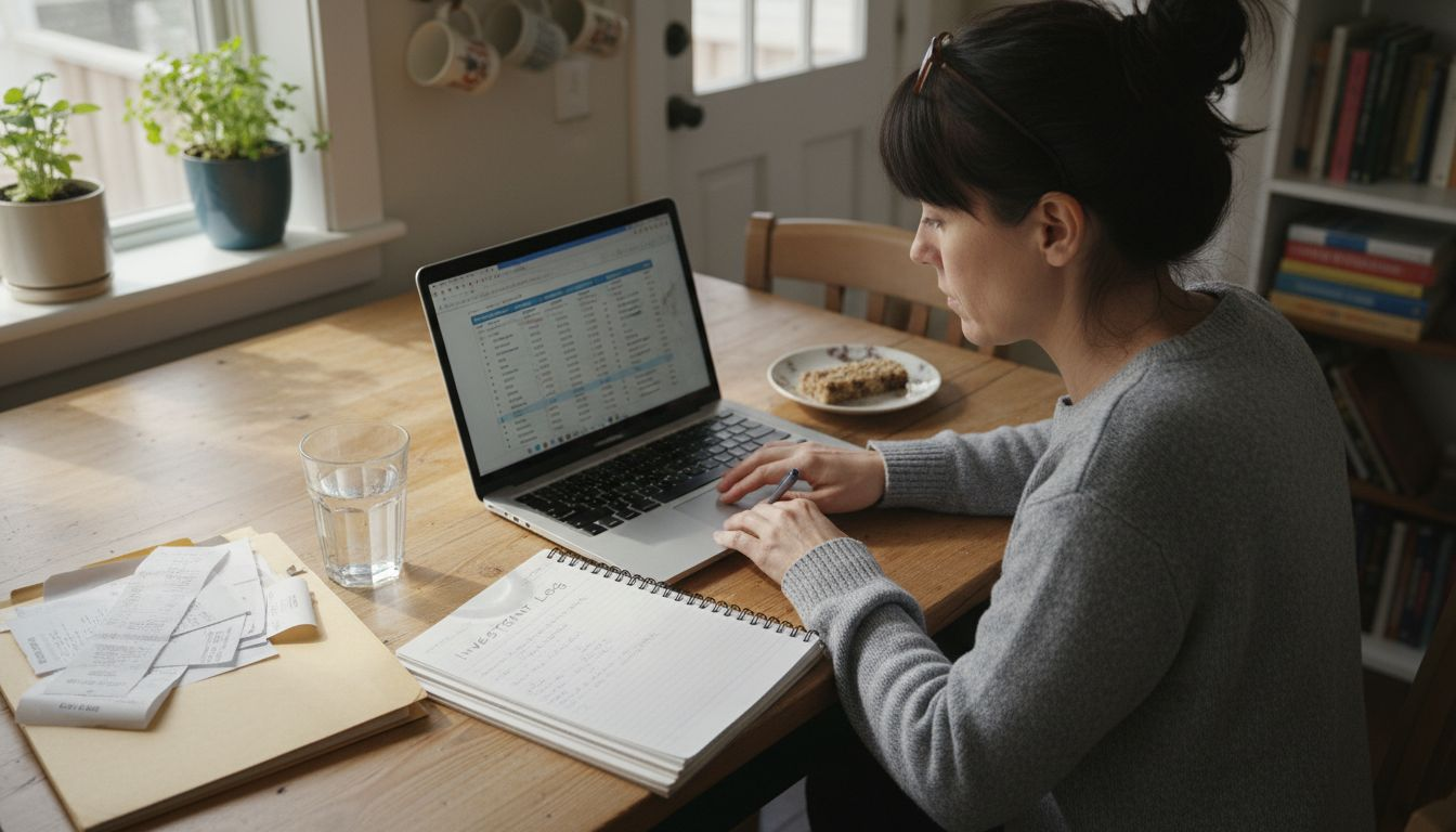 Woman reviewing investments at kitchen table