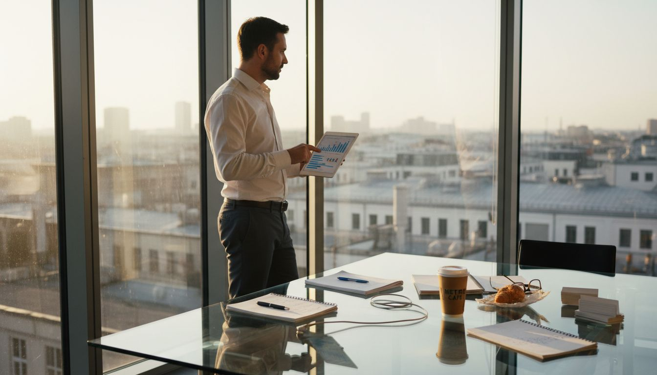 Entrepreneur in busy office reviewing sales graphs