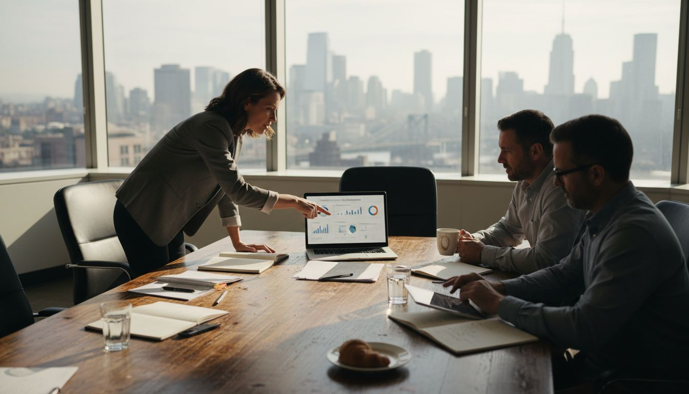 Team collaborating on operational platform in sunlit office