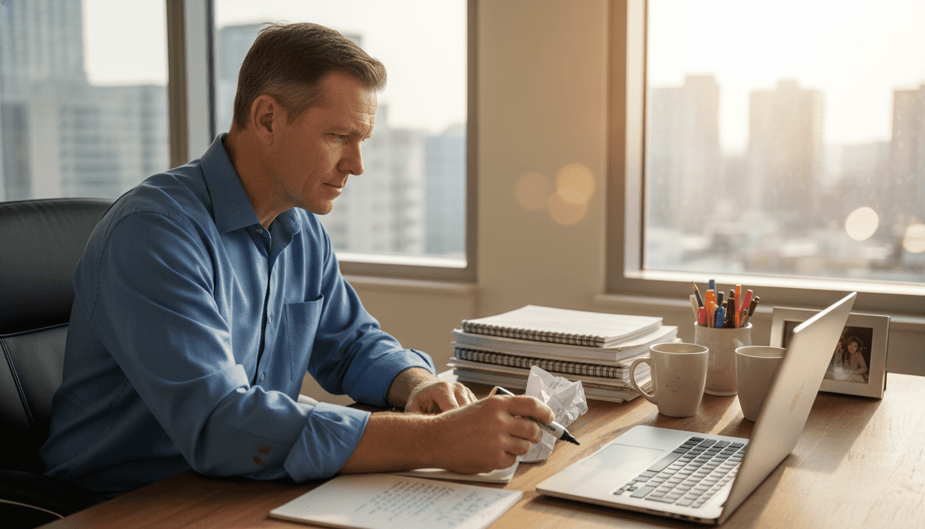 Coach working through decision process in office