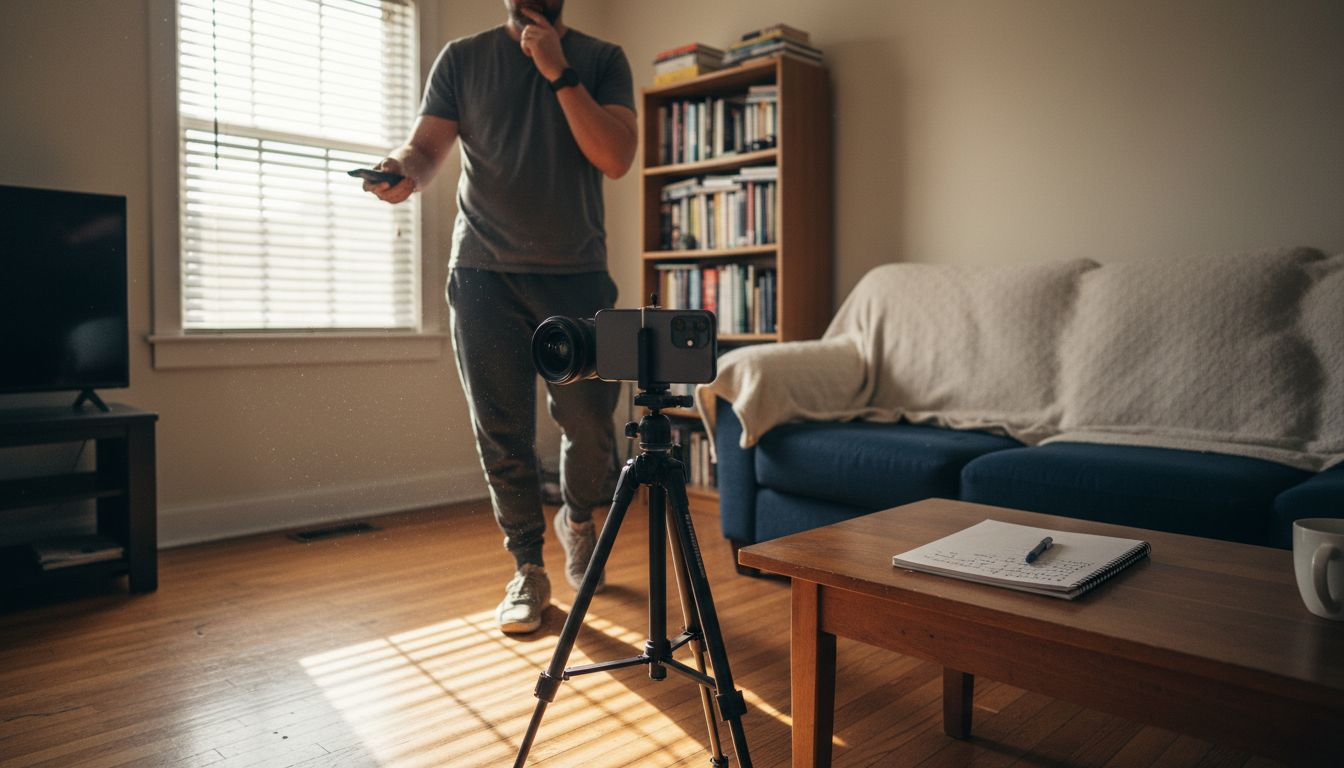 Coach rehearsing presentation in informal living room