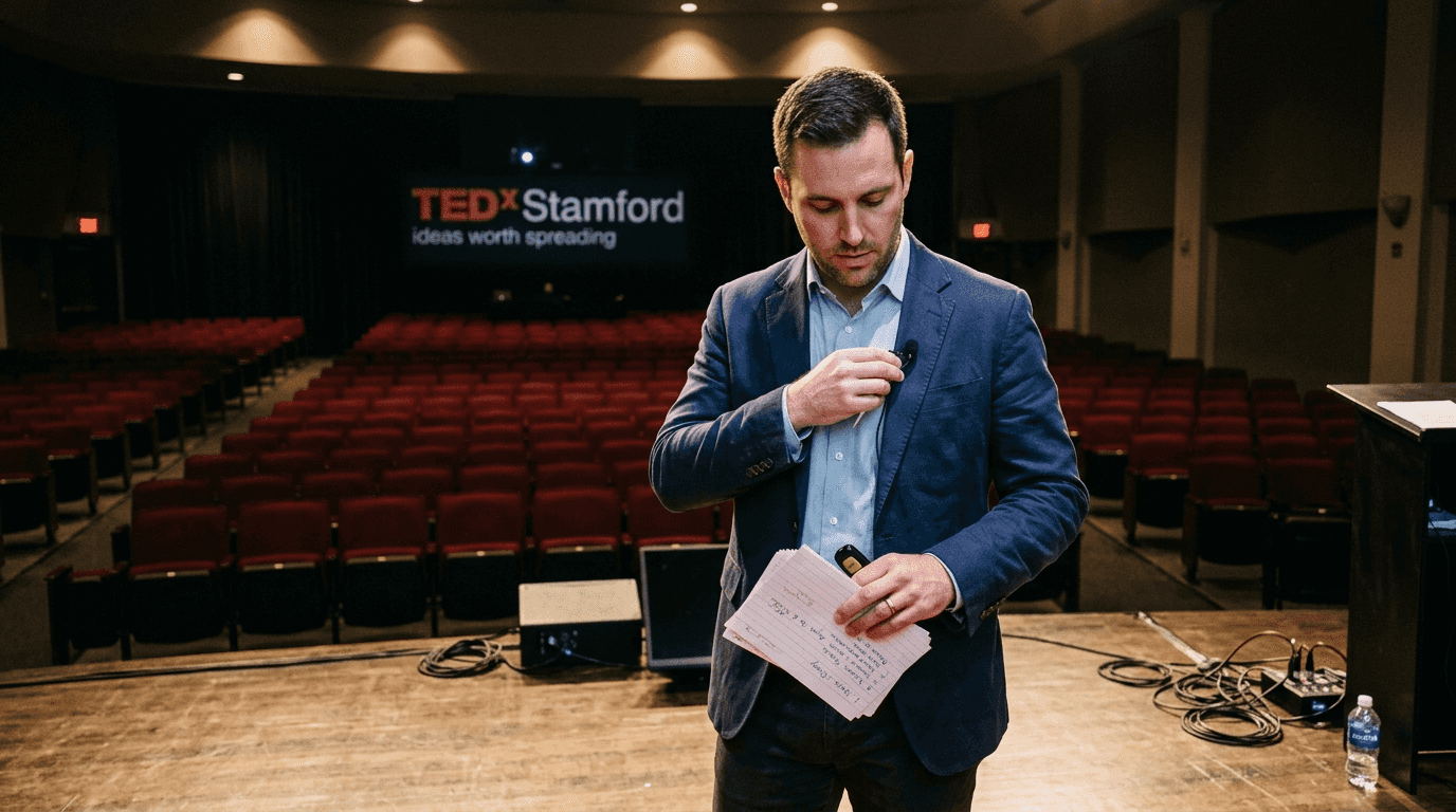 Speaker prepares on TEDx stage setting