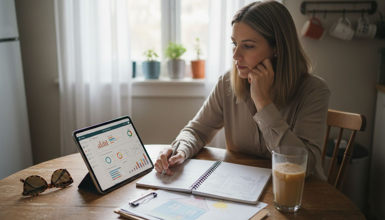 Business coach checking client dashboard at table