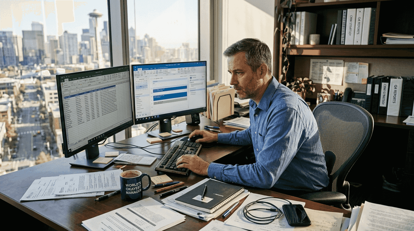 CRM manager at cluttered busy workspace