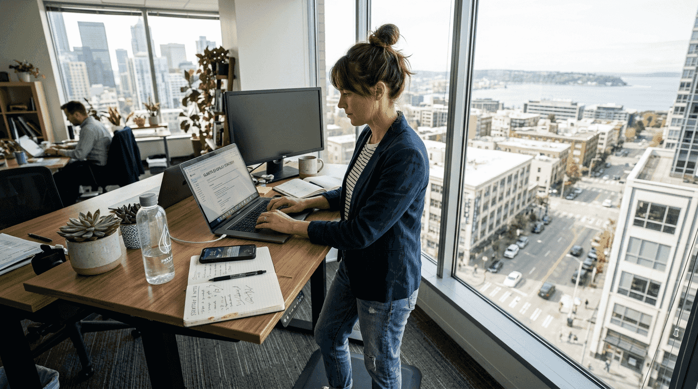 Coach using CRM platform at sunlit desk