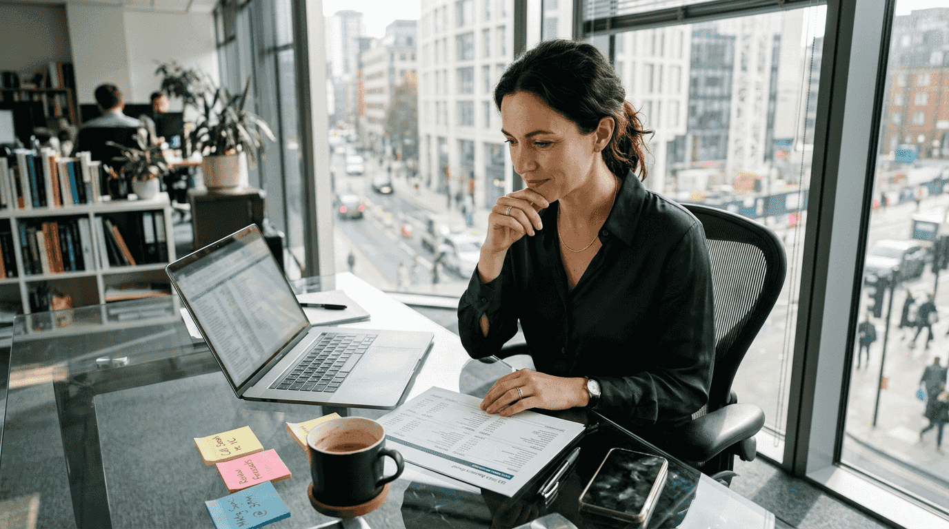 Woman pondering finances at office desk
