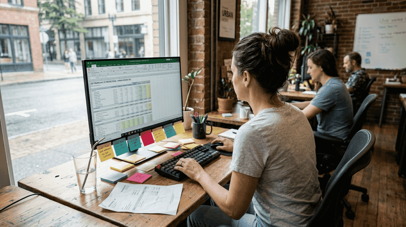 Businesswoman reviewing spreadsheet at workspace