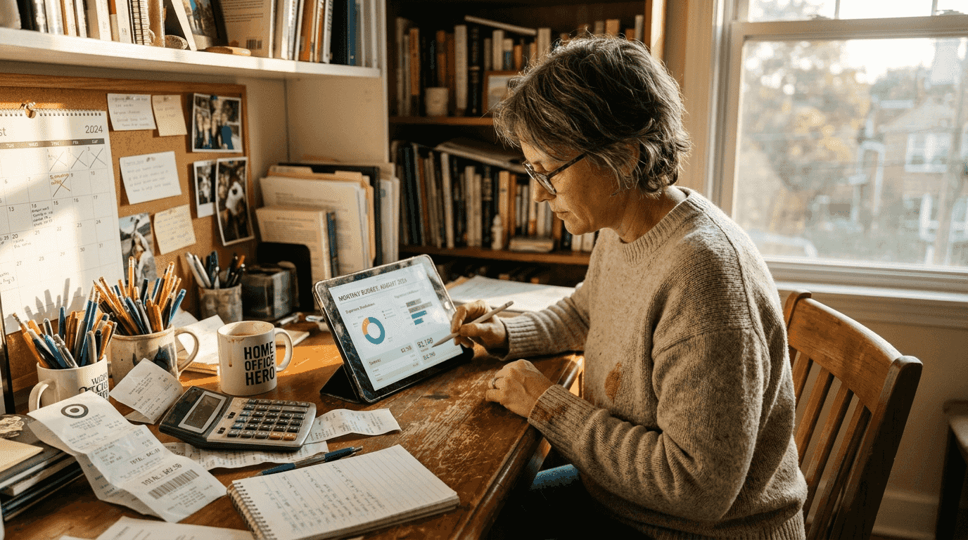 Woman using financial dashboard in home office
