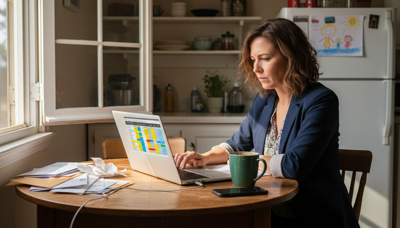 Woman reviewing finances at kitchen table
