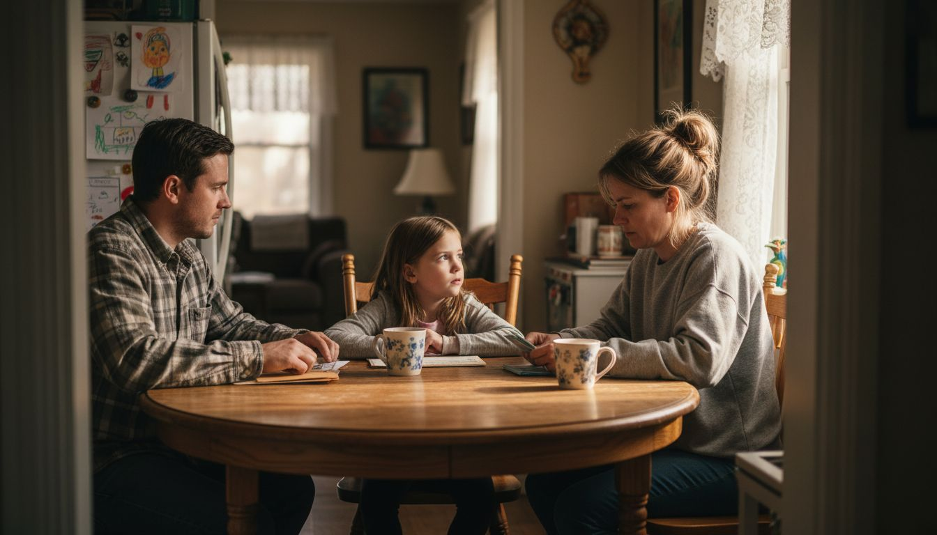Child listening to parents discuss household bills