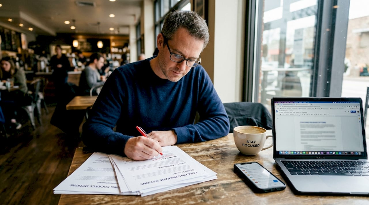 Coach reviewing coaching package documents in café