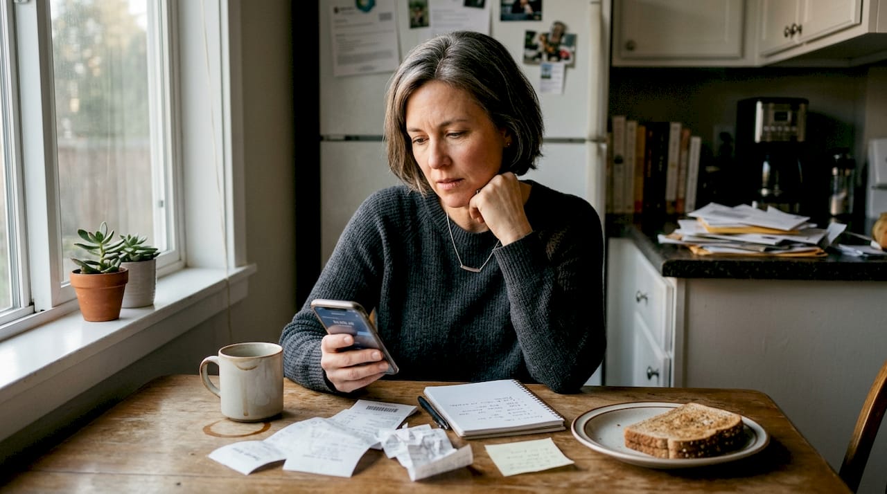 Entrepreneur stressed over money at kitchen table