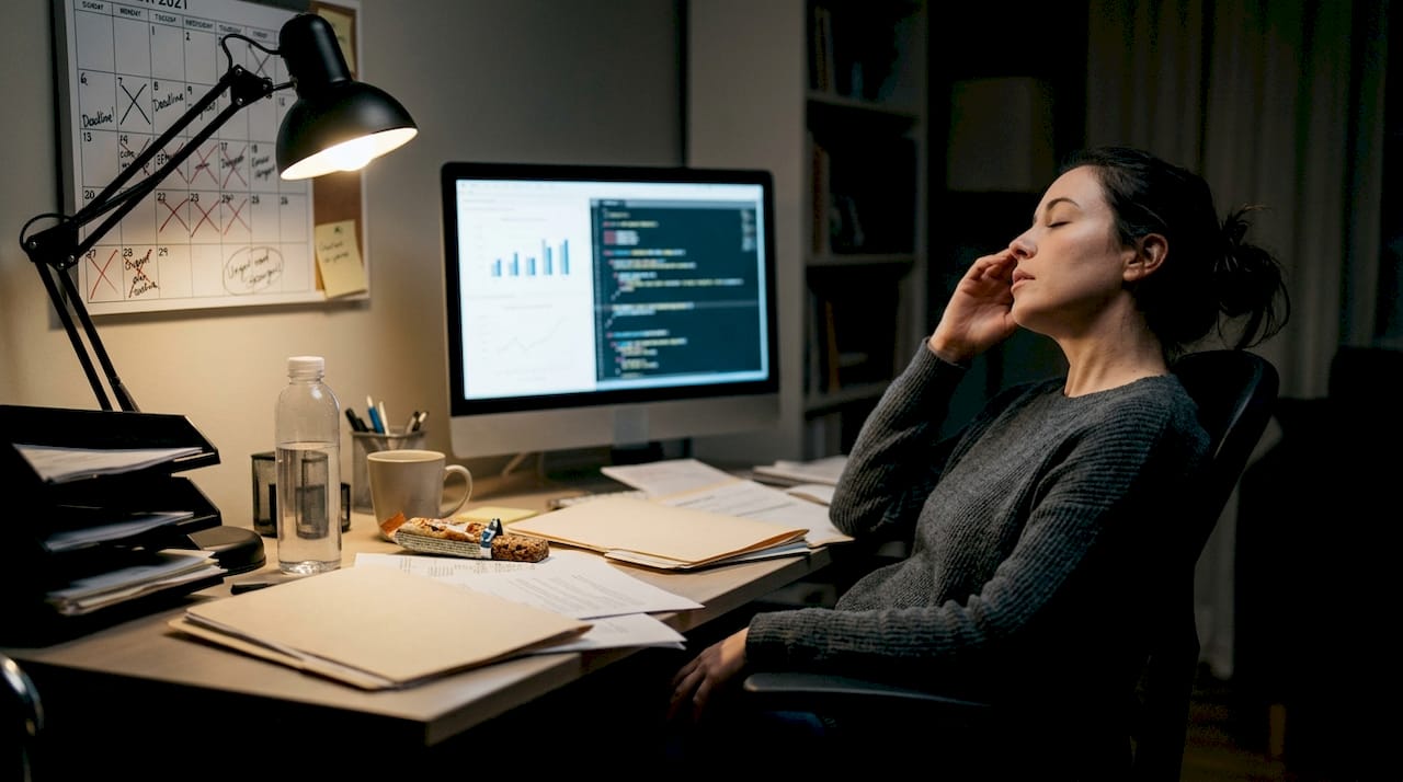 Overworked freelancer exhausted at cluttered desk