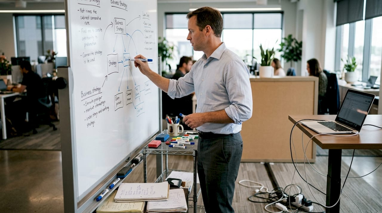 Consultant mapping framework at whiteboard in workspace