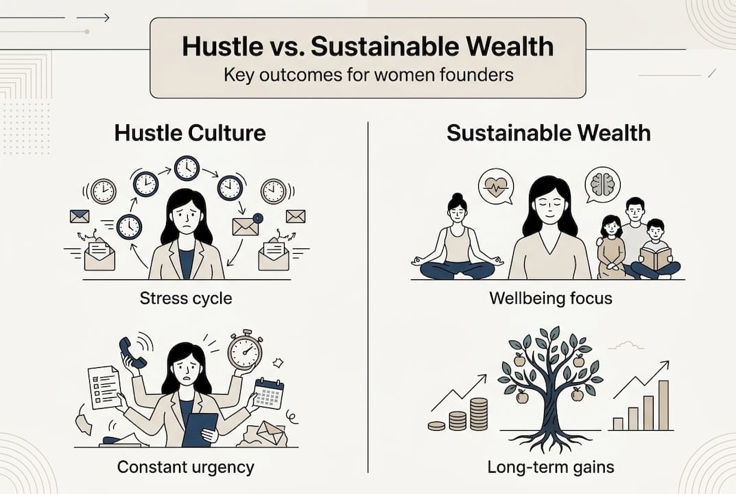 Infographic comparing hustle and sustainable wealth outcomes