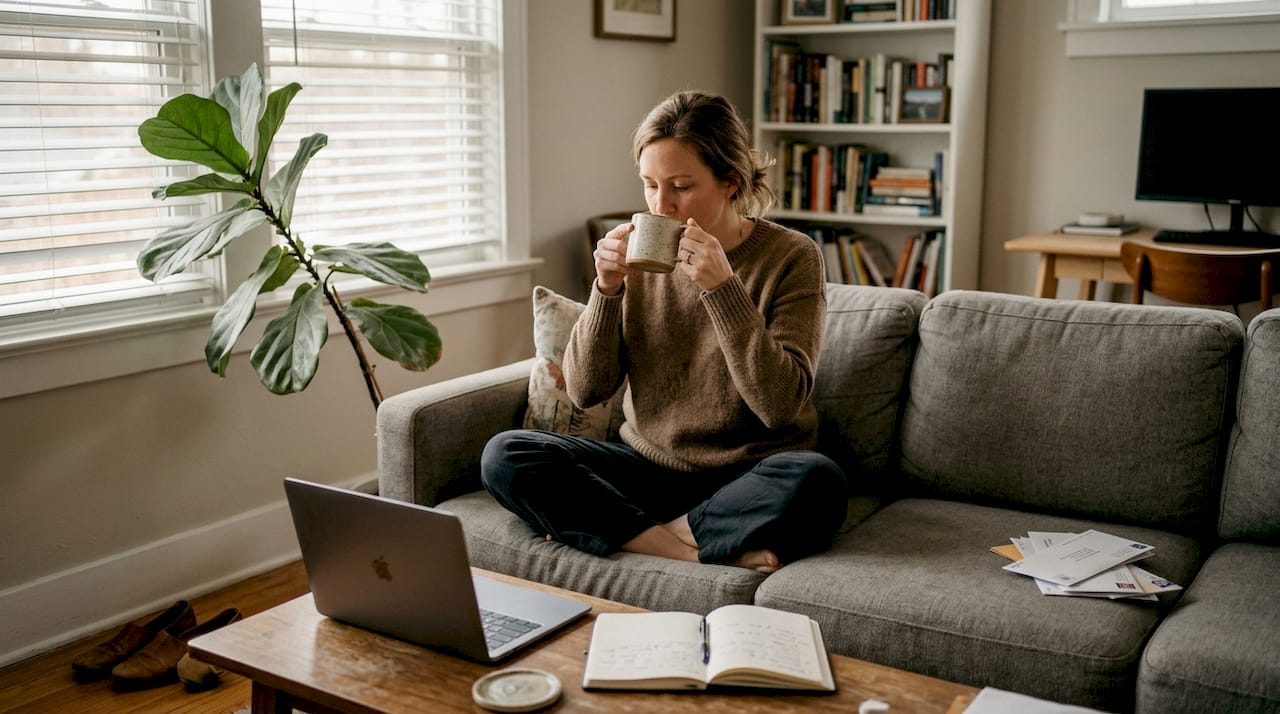 Woman founder relaxing with tea during home office break