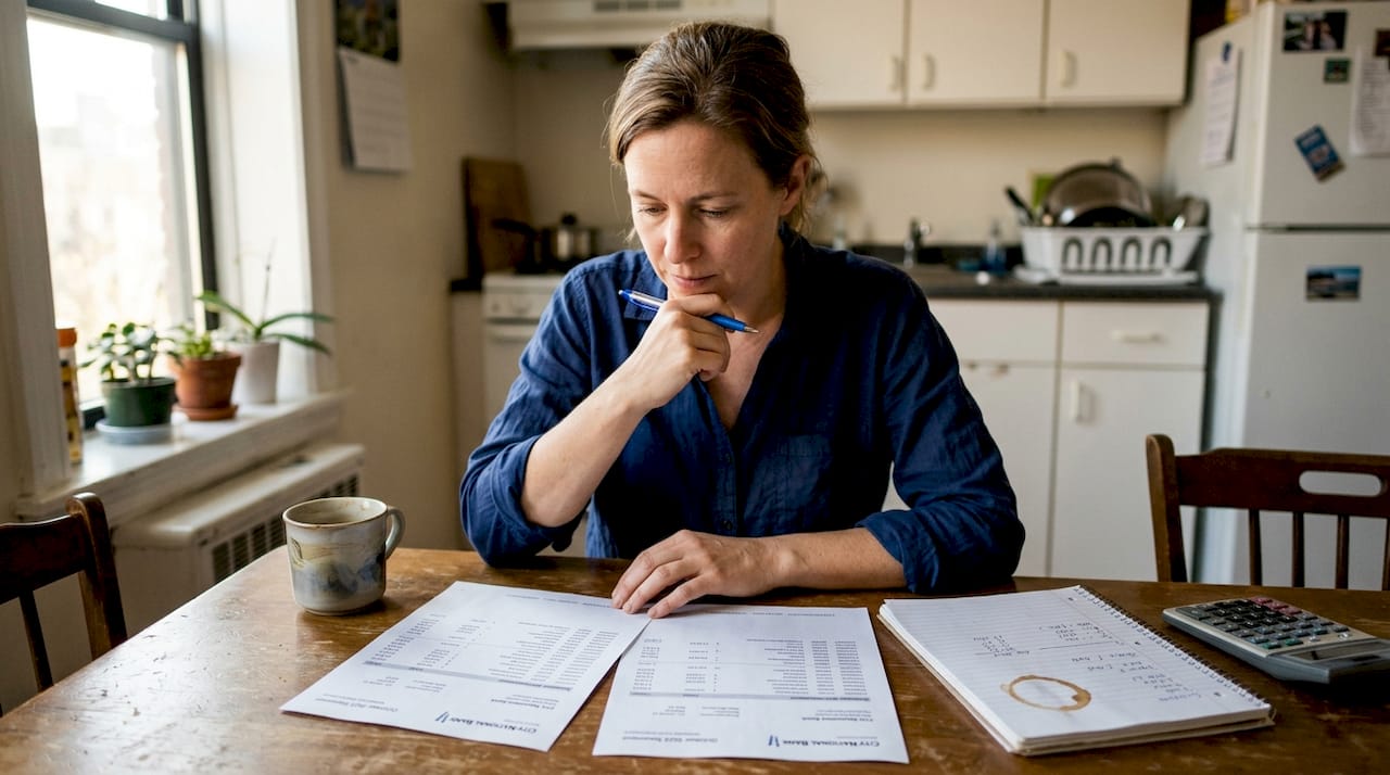 Woman reviewing financial documents at home