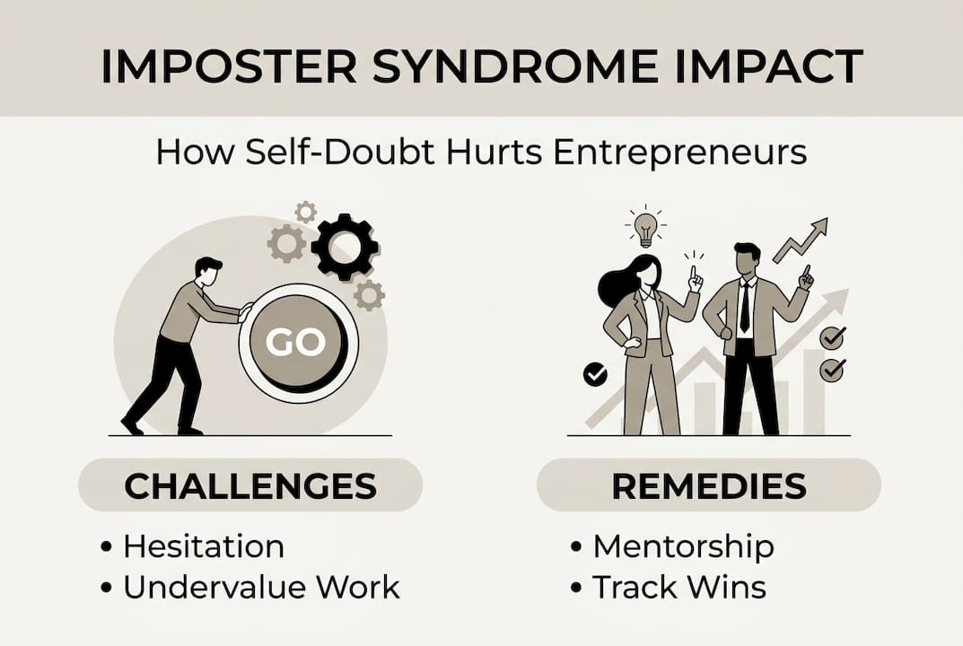 Infographic showing imposter syndrome challenges and remedies