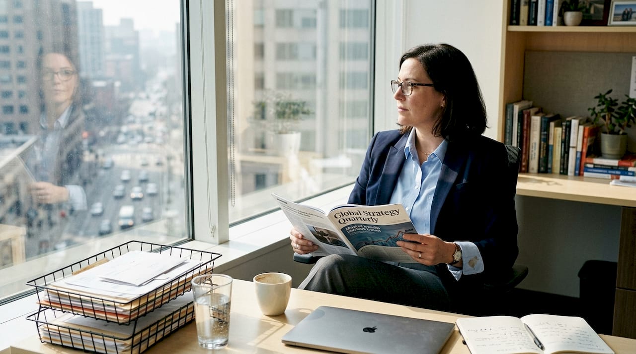 Businesswoman reading feature in city office