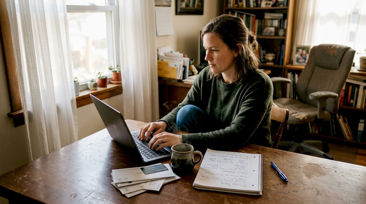 Woman types proposal in home office setting
