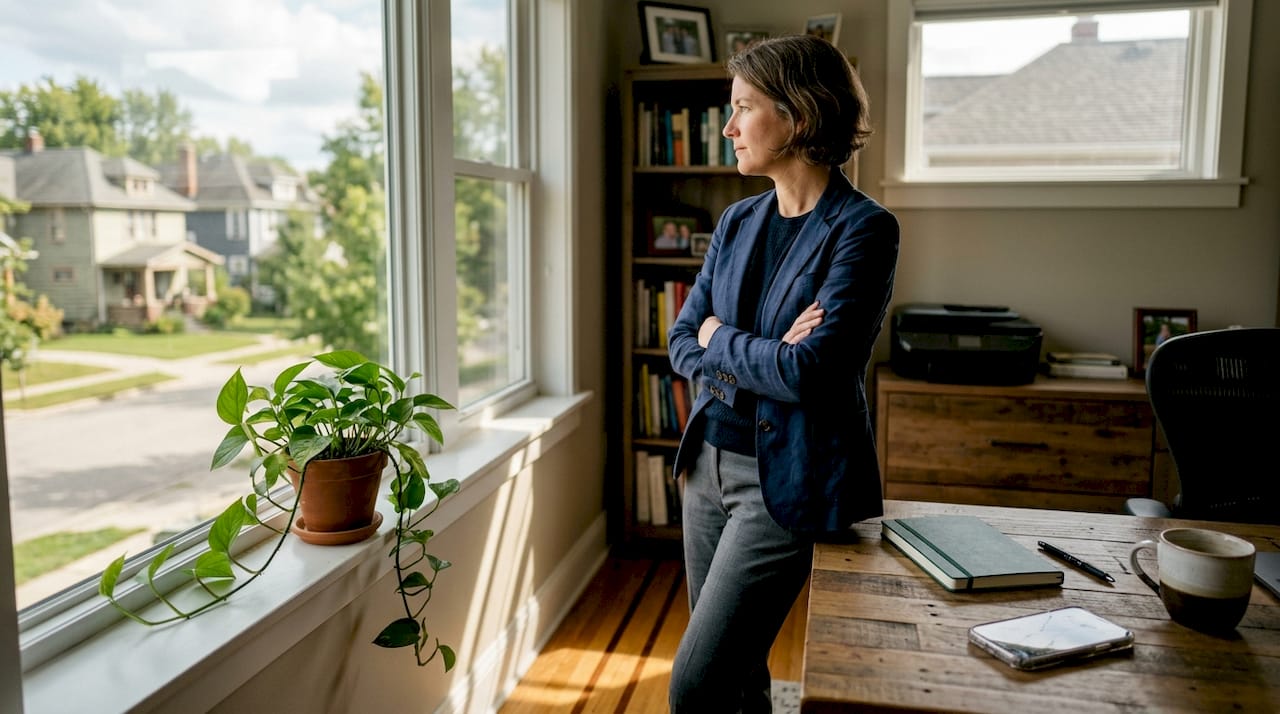 Businesswoman reflecting on growth strategies