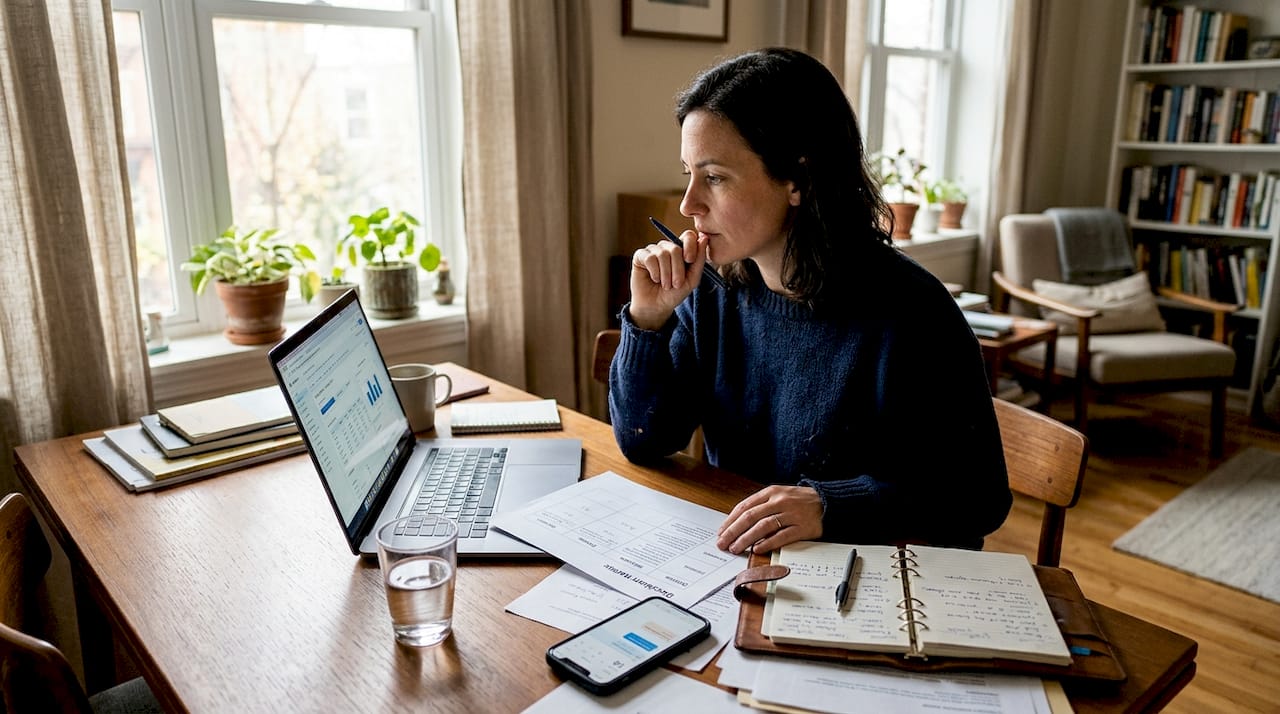 Woman reviewing decision matrix in workspace